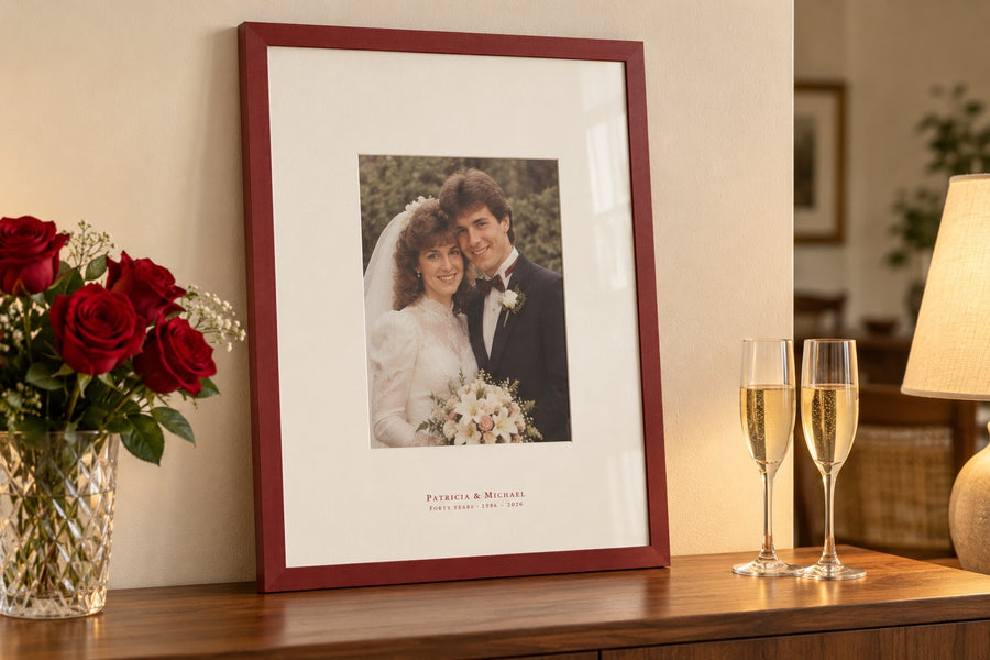 Mount With Text: names and date printed on the mount of a framed photo