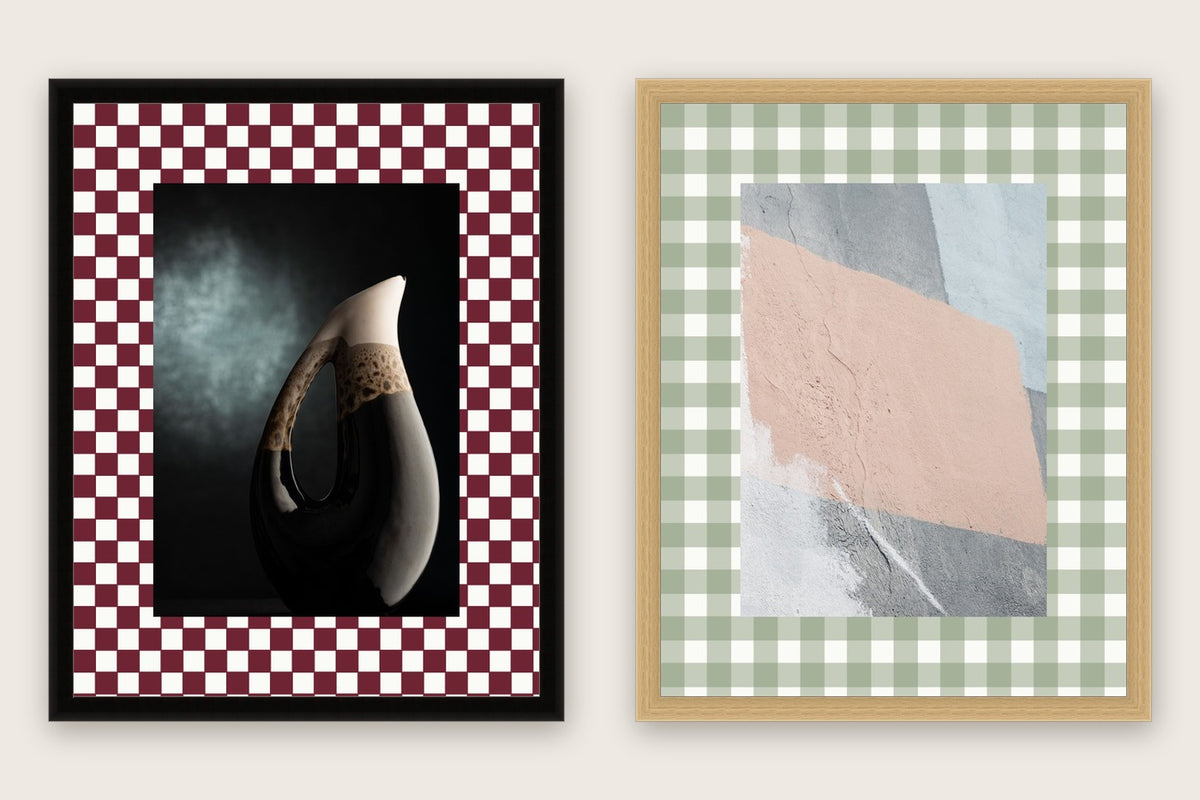 Premium patterned mat boards — burgundy check and sage gingham — cut to fit two framed prints