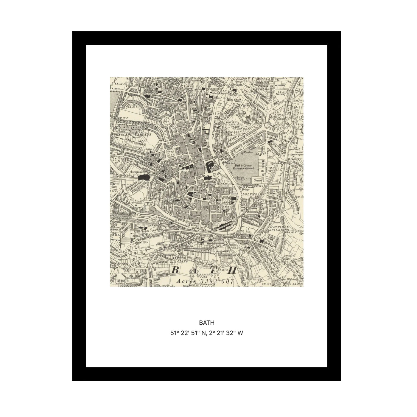 Framed vintage Ordnance Survey map print of Bath (1888)