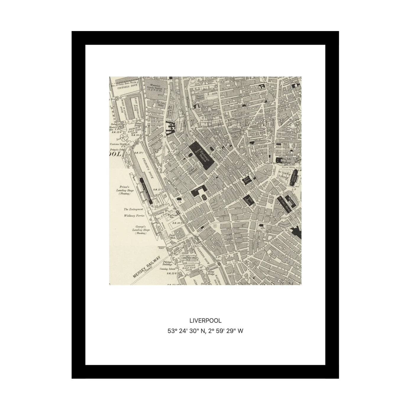 Framed vintage Ordnance Survey map print of Liverpool (1888)