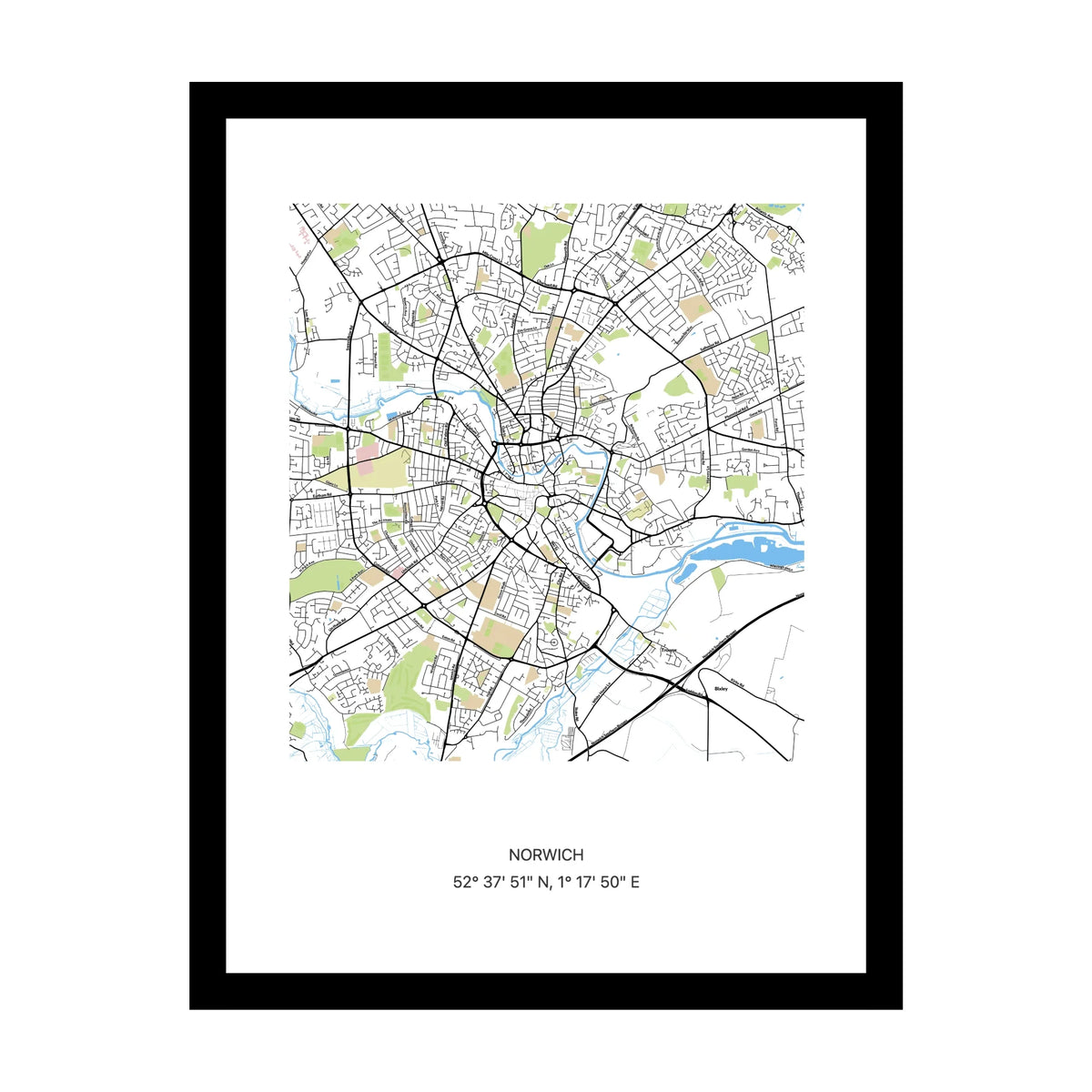 Framed personalised street map print of Norwich