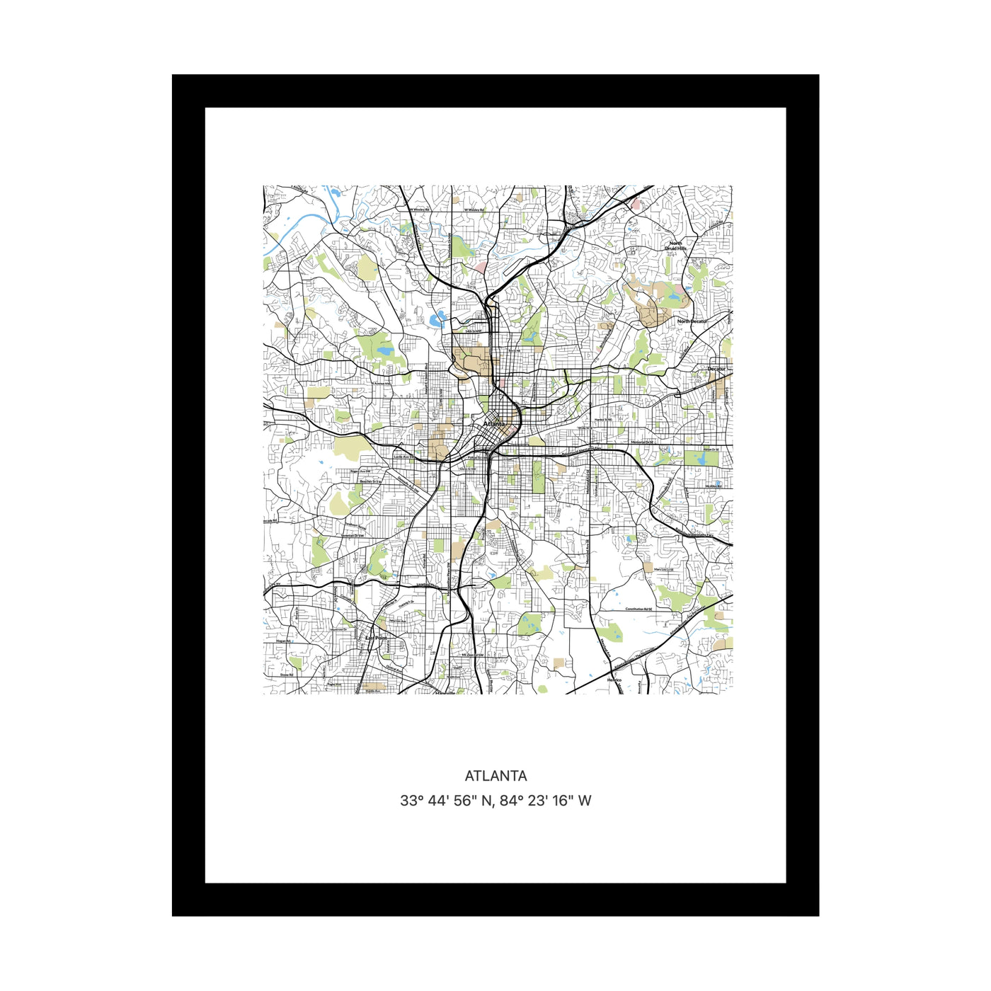 Framed personalised street map print of Atlanta