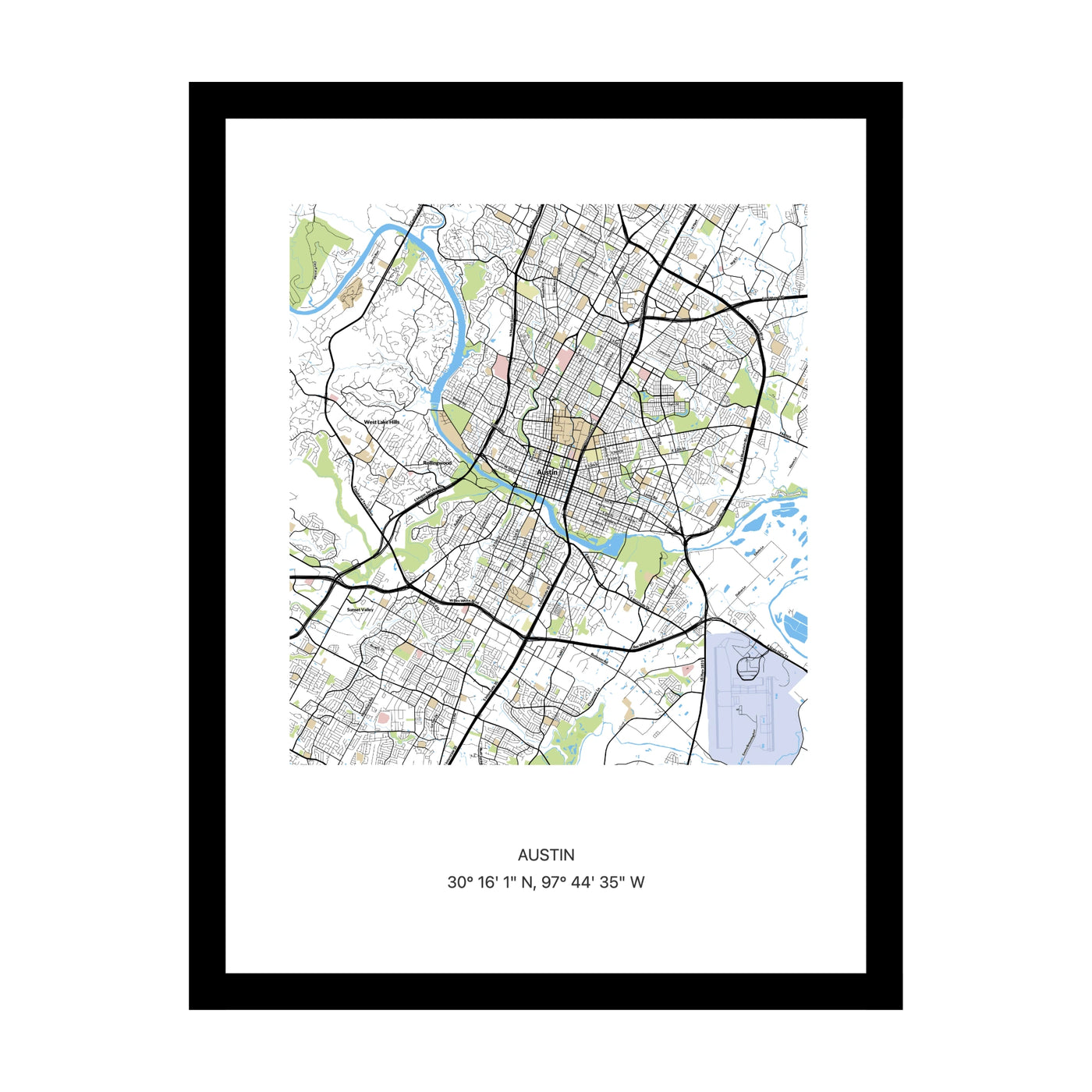Framed personalised street map print of Austin