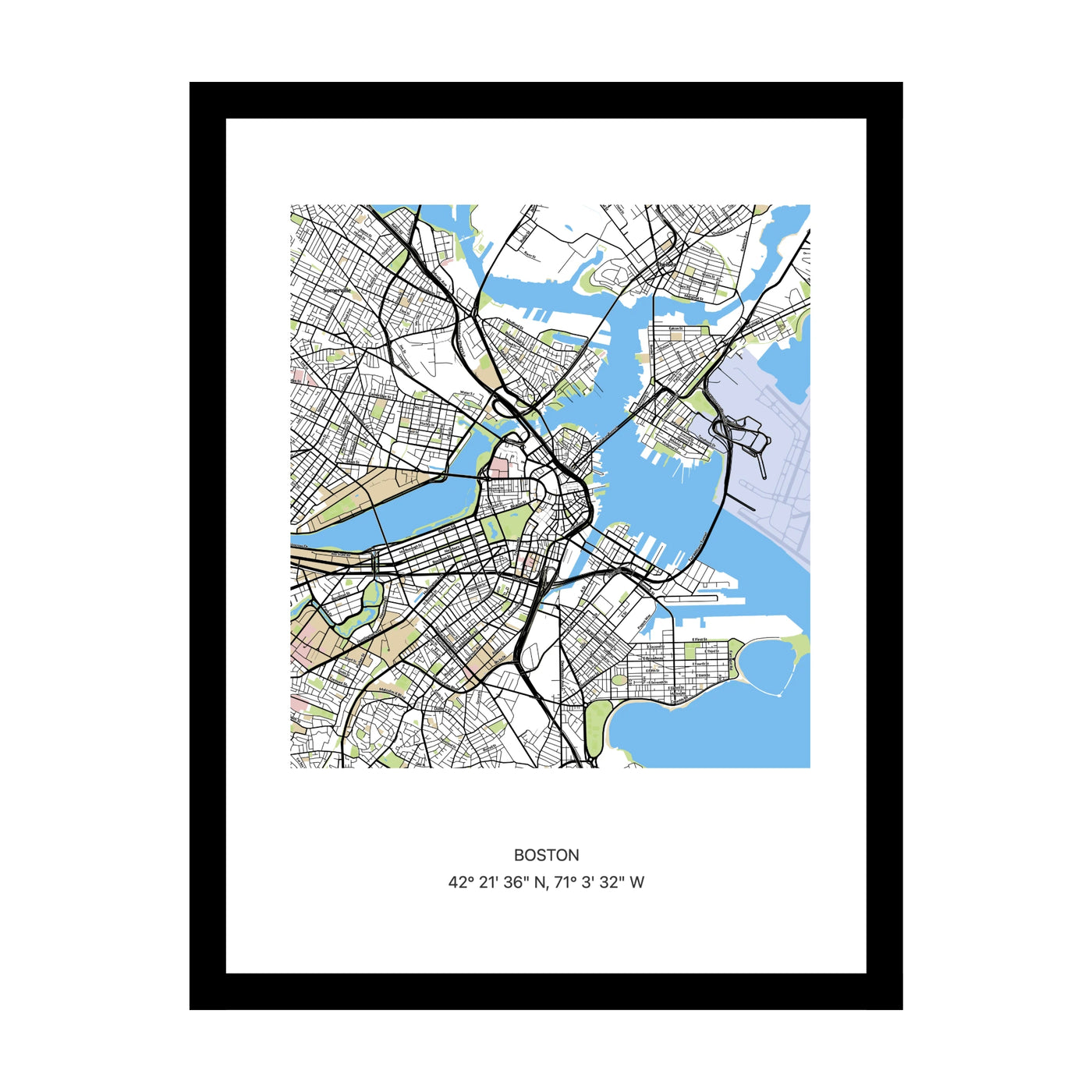 Framed personalised street map print of Boston