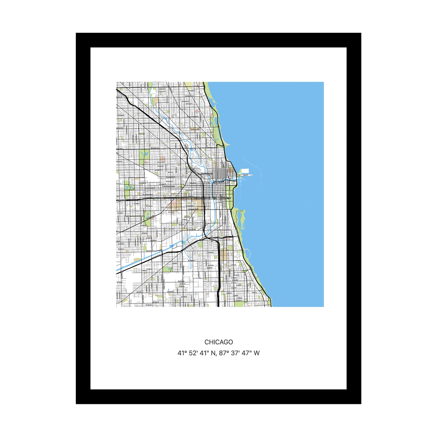 Framed personalised street map print of Chicago
