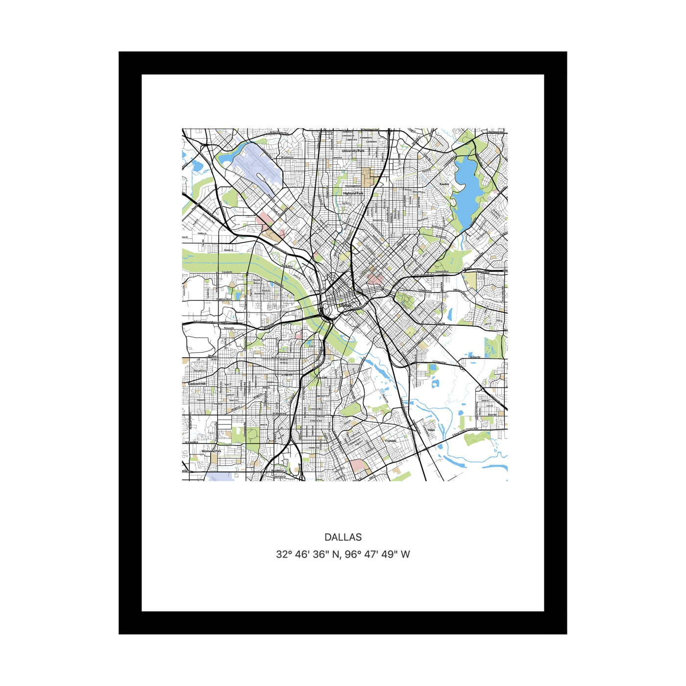 Framed personalised street map print of Dallas