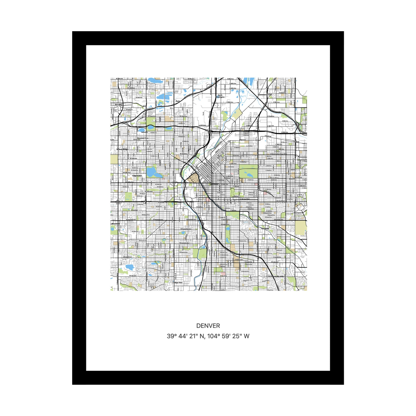 Framed personalised street map print of Denver
