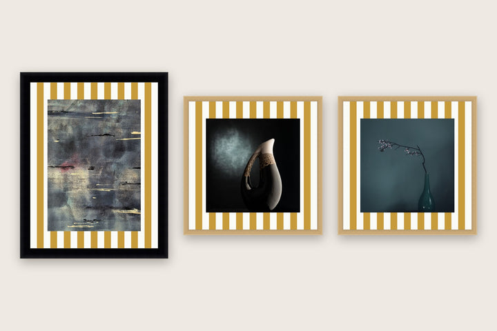 Three framed prints with vertical stripes premium mat boards cut to size — a-stripe-mustard