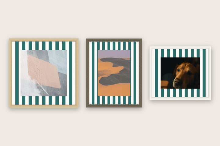 Three framed prints with vertical stripes premium mat boards cut to size — a-stripe-teal