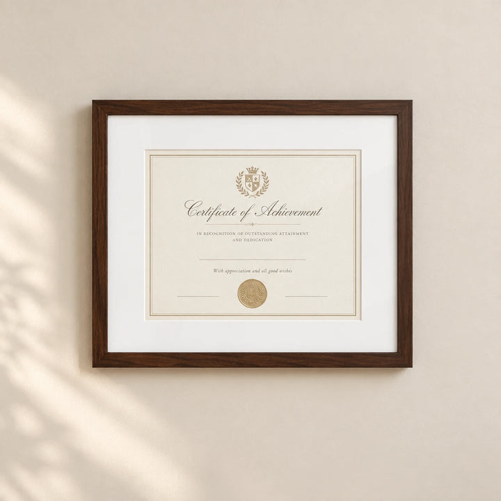 A professional certificate displayed in a dark walnut frame with a white mount