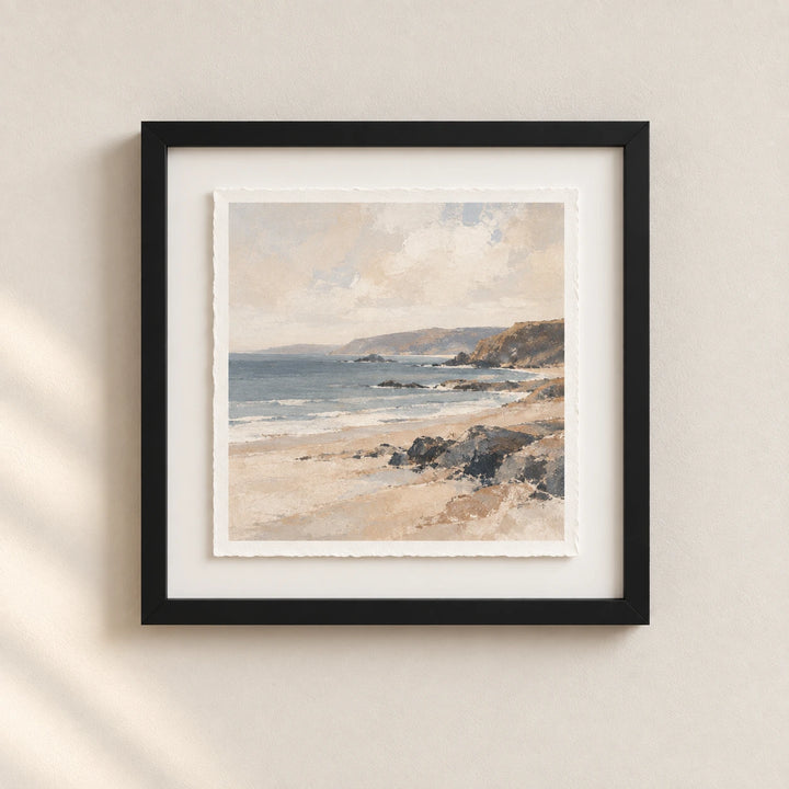 A deckle-edged coastal art print float mounted in a deep black gallery frame