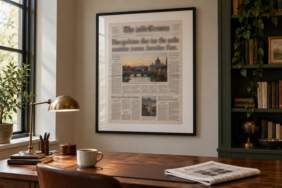 A full newspaper front page in a slim black frame with a wide white mount, hung above a walnut desk with a reading lamp