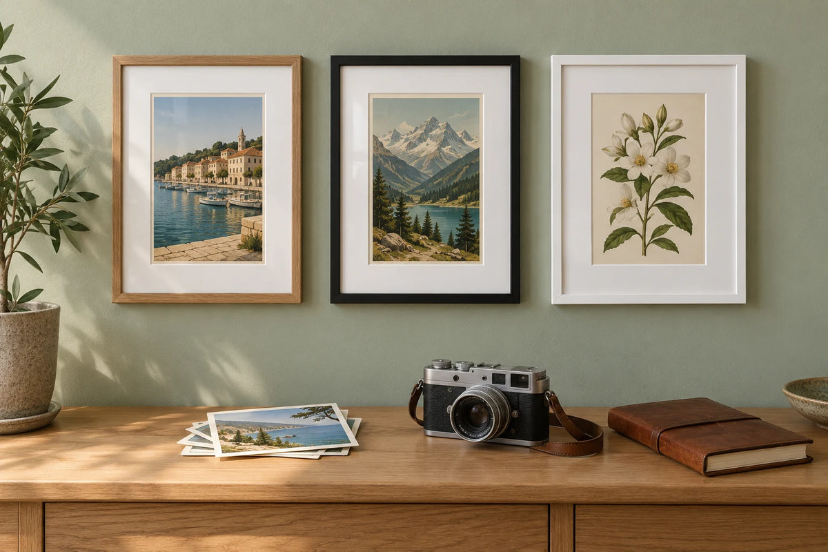 Three framed postcards in oak, black and white frames with white mounts, hung in a row on a sage green wall