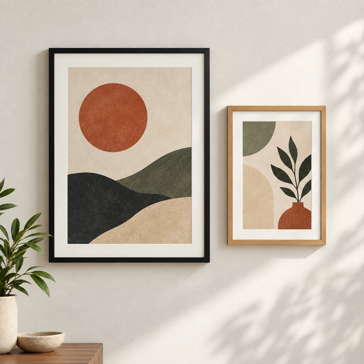 Two contemporary art posters displayed in black and oak picture frames