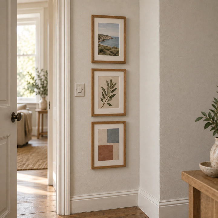 Three small oak framed prints arranged vertically on a narrow wall beside a doorway