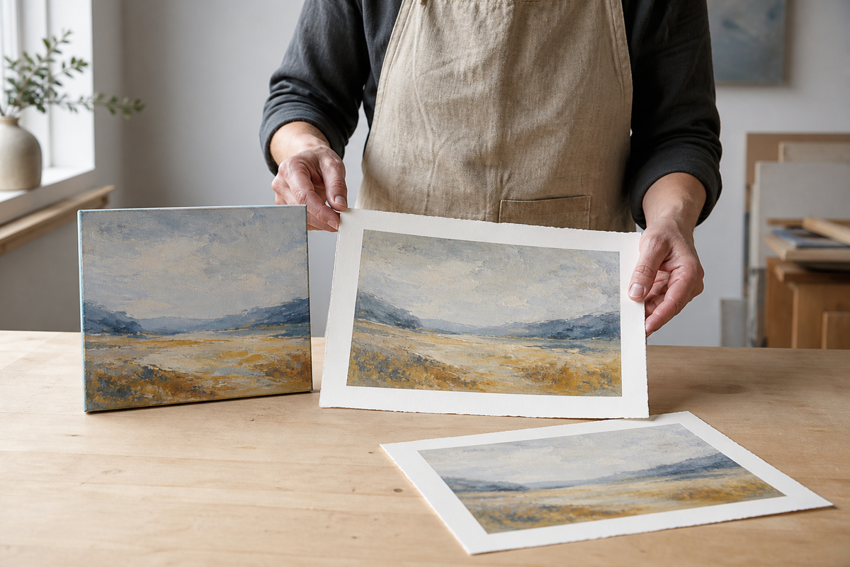 Artist comparing an original painting with a fine-art reproduction print