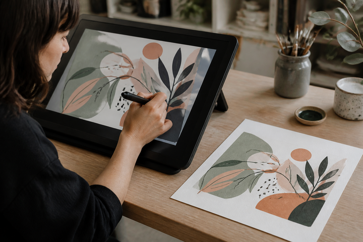 Digital artist using a pen display beside a finished botanical fine art print