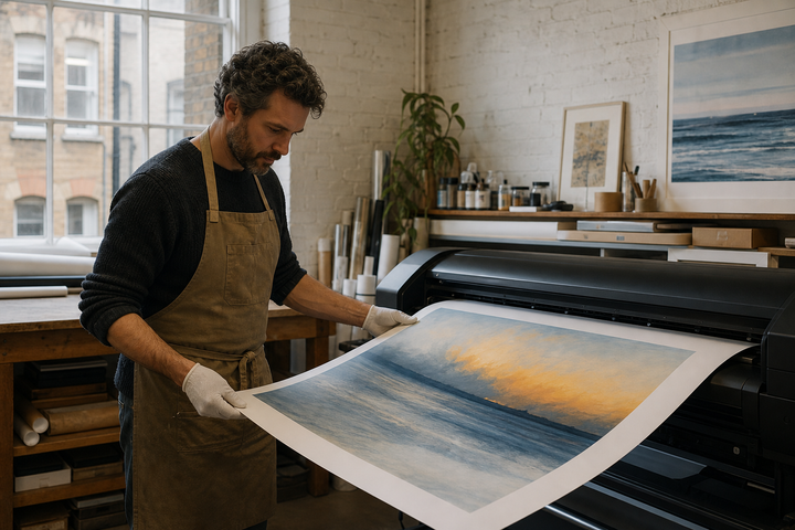Printmaker inspecting a giclee art print in a London printing studio