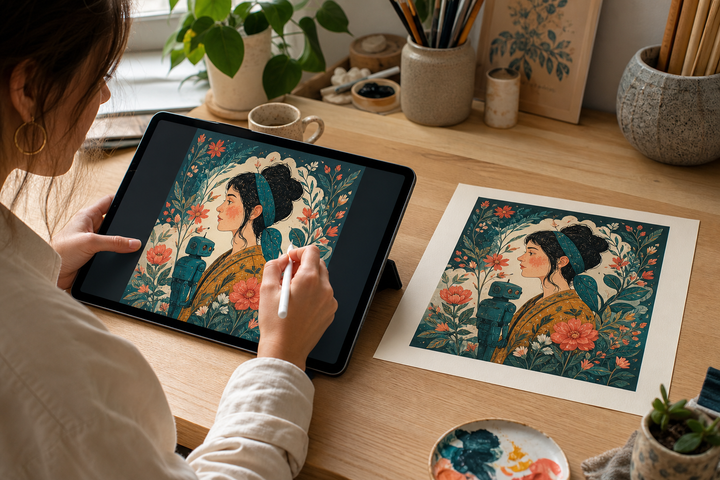 Artist creating an illustration on a tablet beside the matching Procreate art print