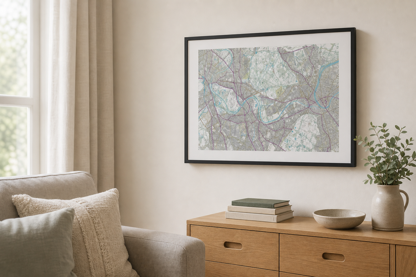 Personalised Ordnance Survey map print displayed in a black frame