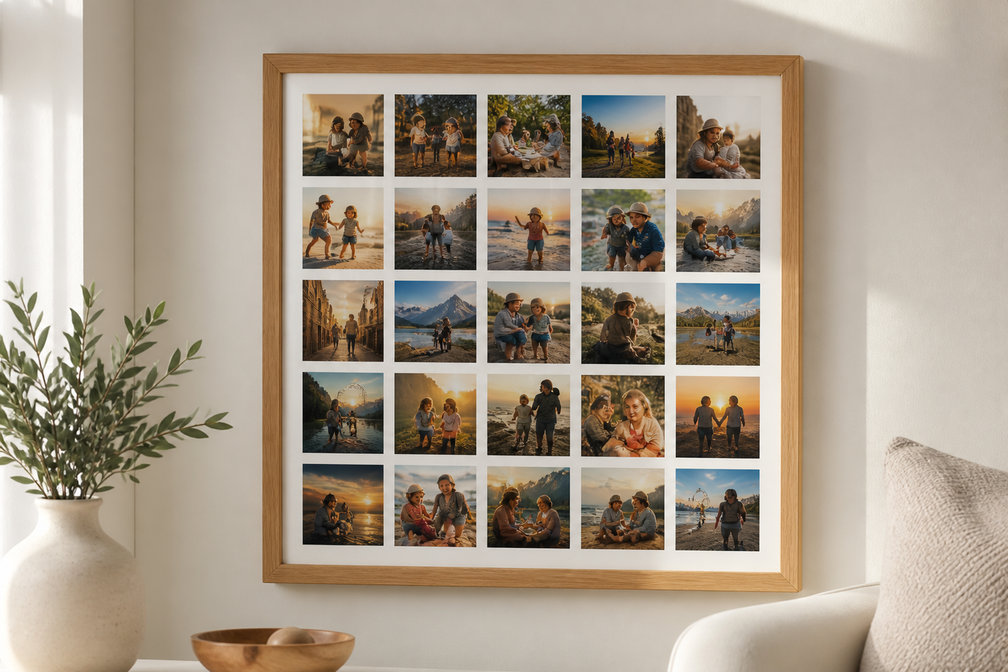 Framed 25-photo collage printed together on one continuous sheet