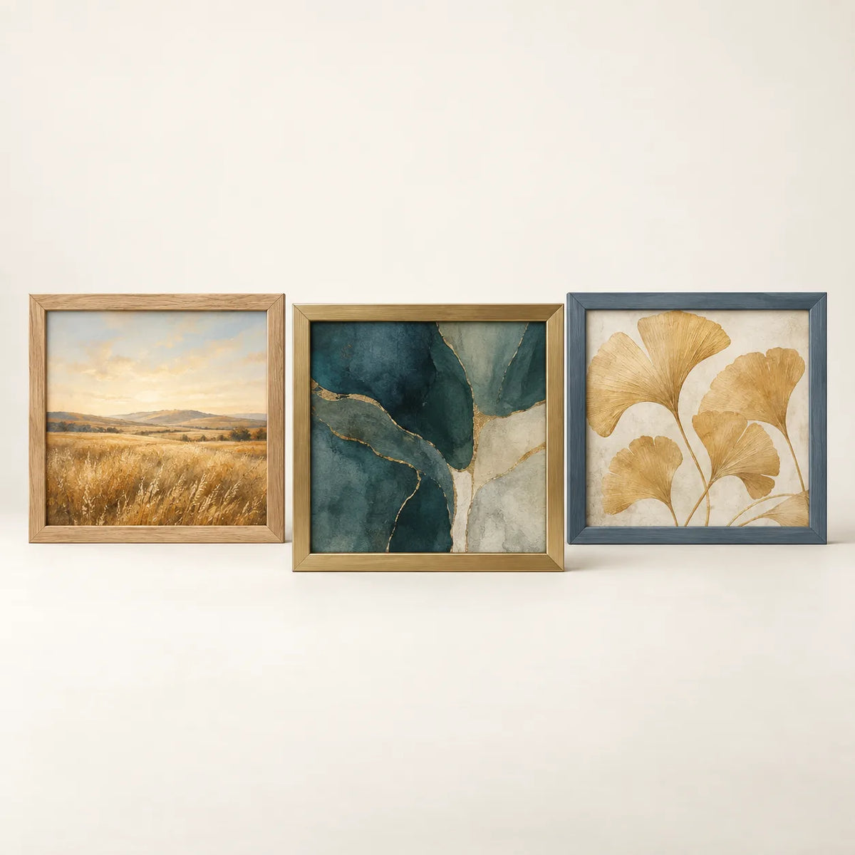Three picture frames illustrating the 14 by 14 inch size