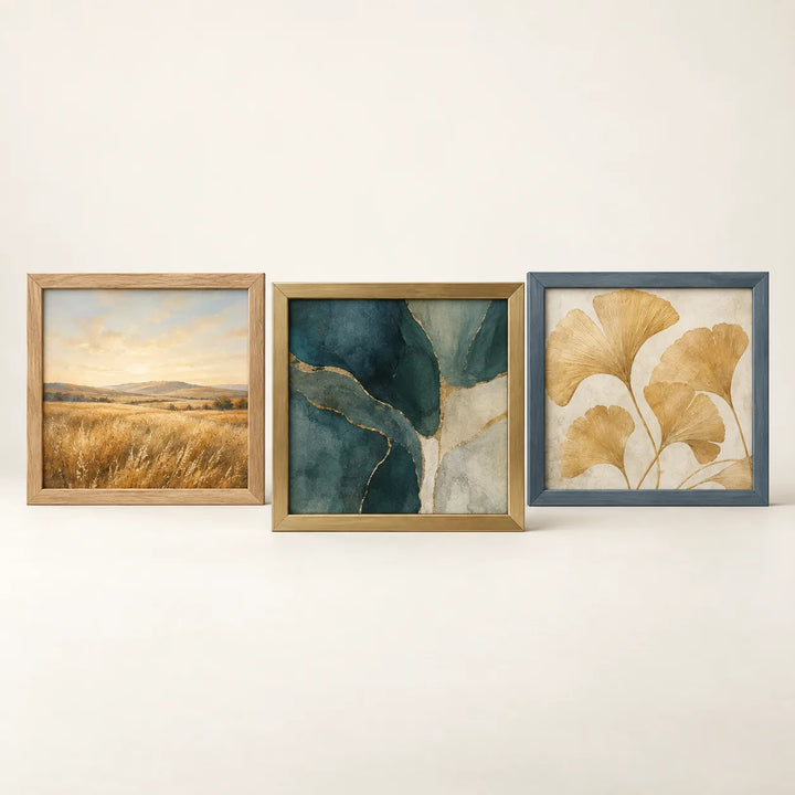 Three picture frames illustrating the 14 by 14 inch size
