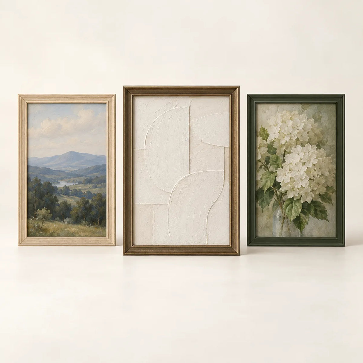 Three picture frames illustrating the 15 by 22 inch size