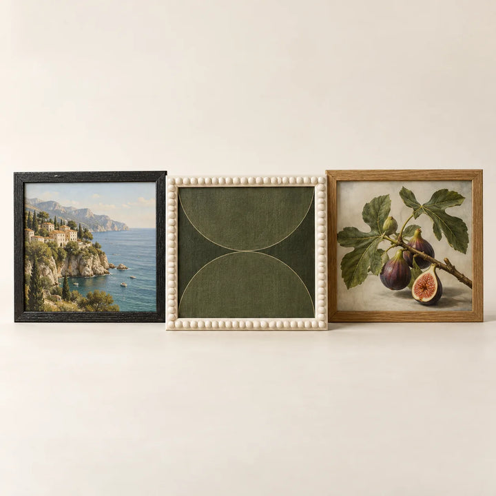 Three picture frames illustrating the 18 by 18 inch size