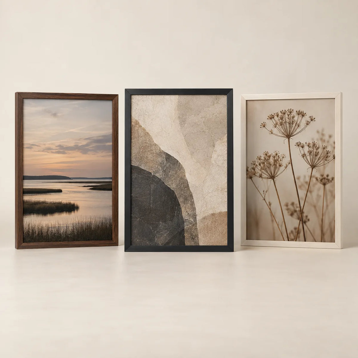 Three picture frames illustrating the 20 by 28 inch size