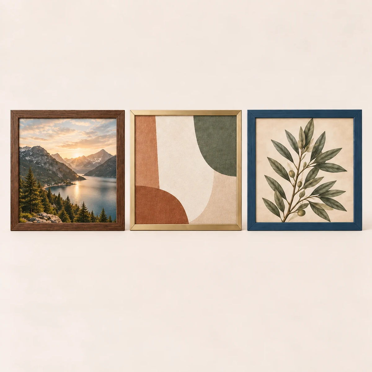 Three 22 by 22 inch picture frames in walnut, champagne brass and slate blue finishes with varied artwork