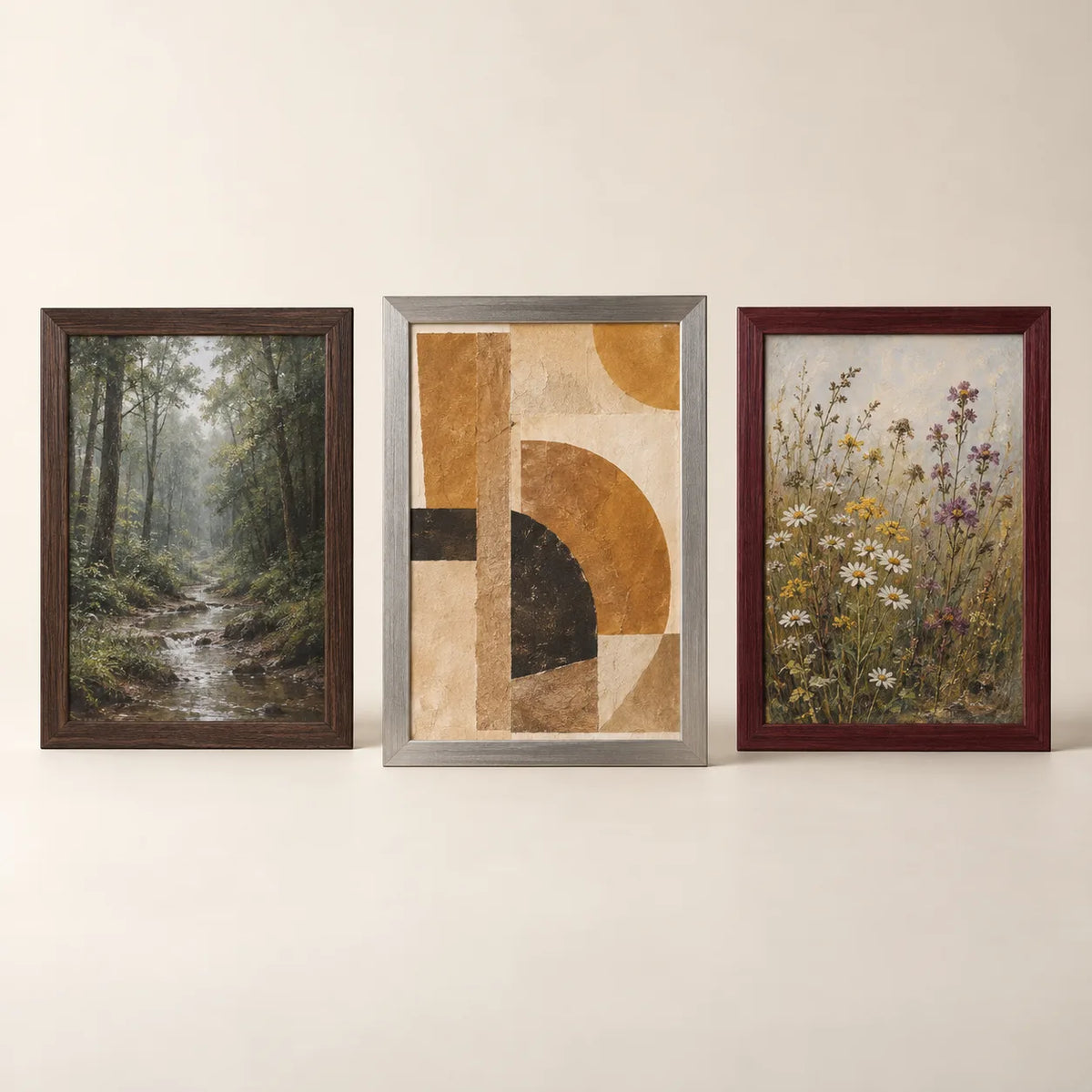 Three picture frames illustrating the 23 by 34 inch size