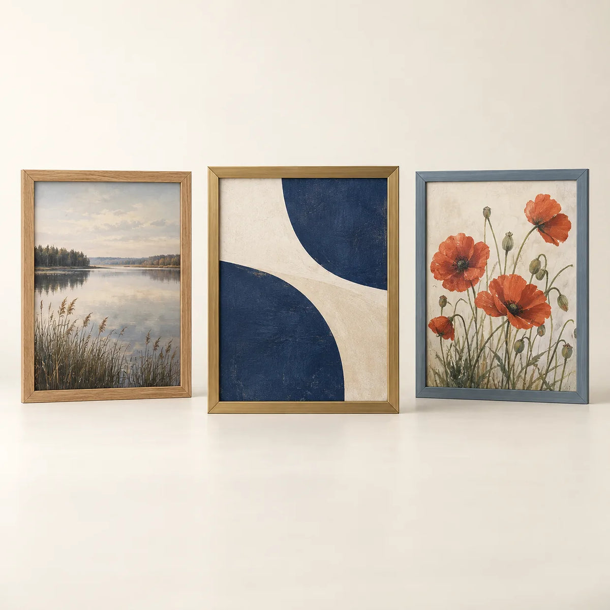 Three picture frames illustrating the 24 by 26 inch size