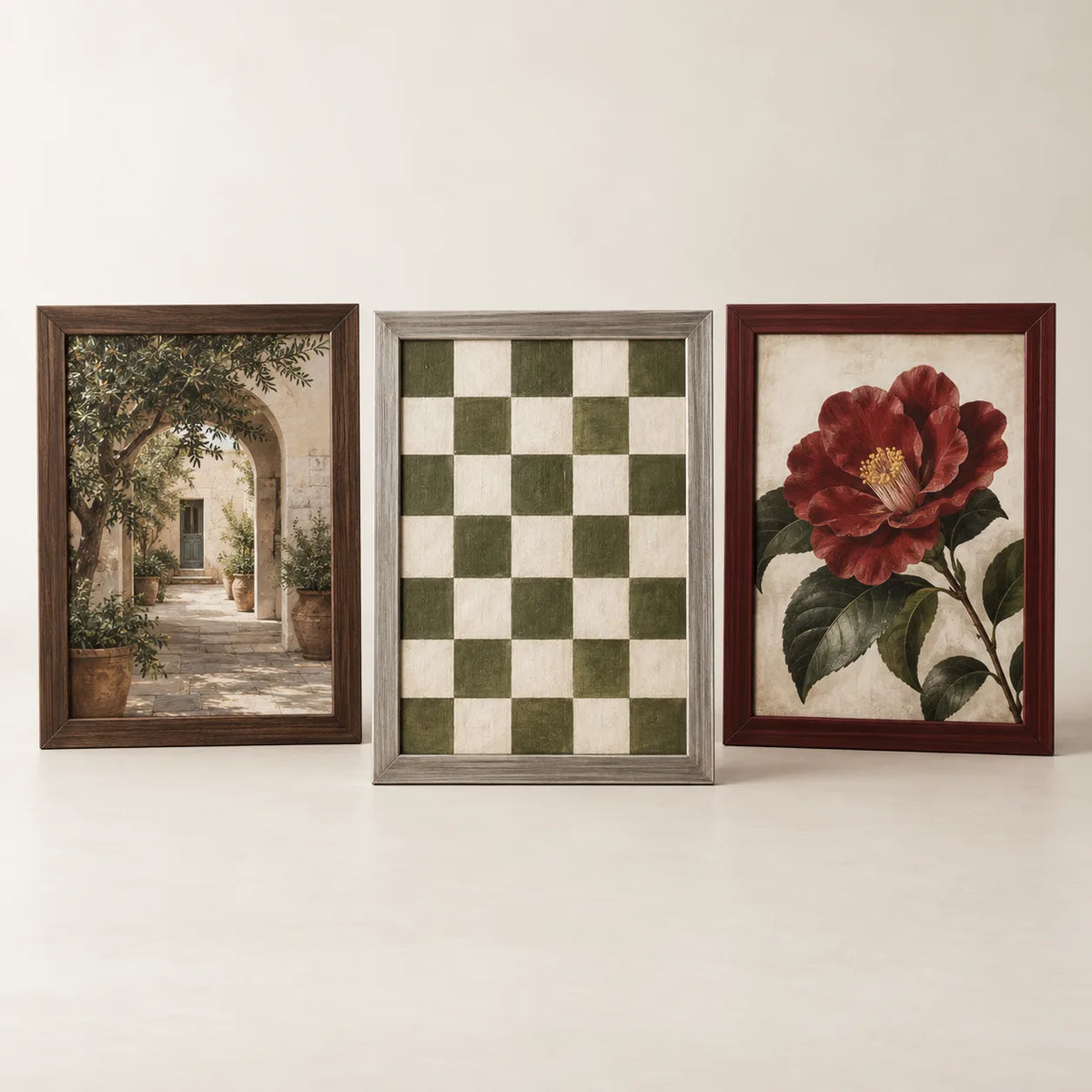 Three picture frames illustrating the 24 by 30 inch size