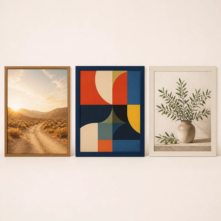 Three 30 by 40 centimeter frame-only options with varied artwork