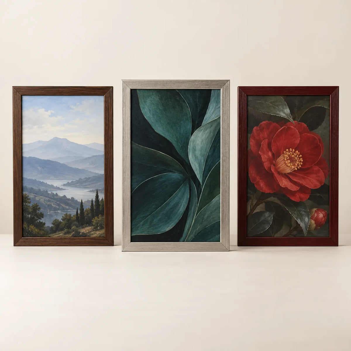Three picture frames illustrating the 30 by 45 centimetre size
