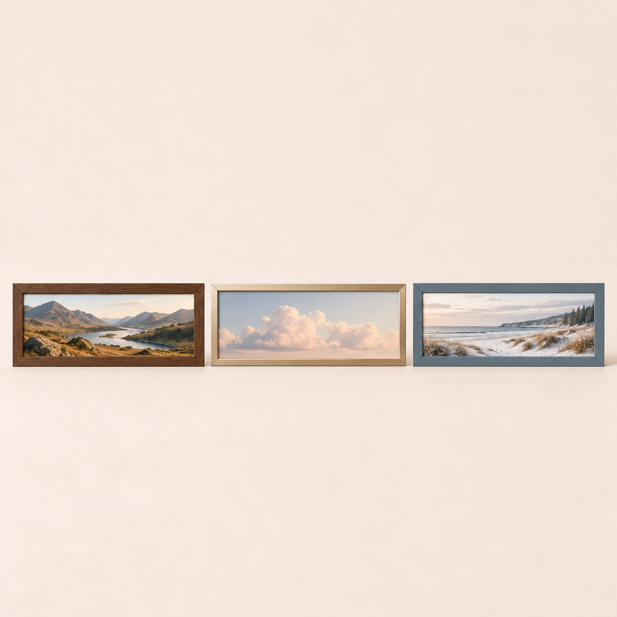 Three 36 by 12 inch frame-only panoramic picture frames in walnut, champagne and blue finishes