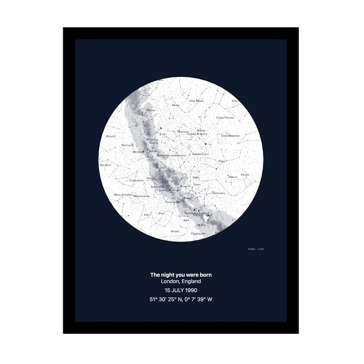 Birthday star map — the night sky on their birth date, framed