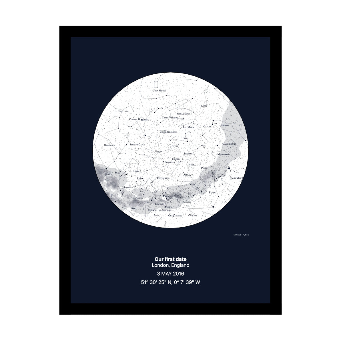 Star map print for your first date — personalised night sky