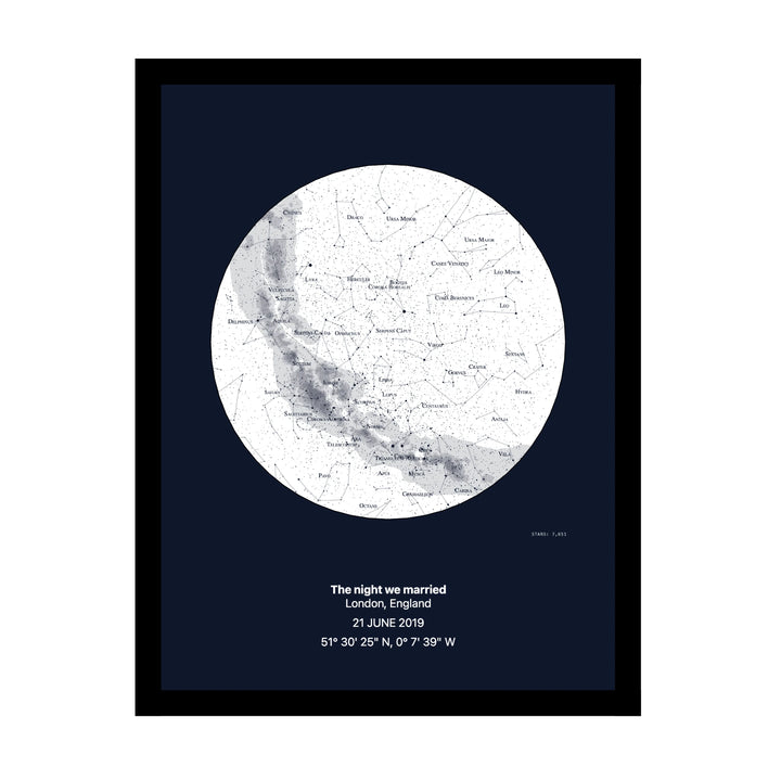 Wedding star map — the night sky over your ceremony, framed