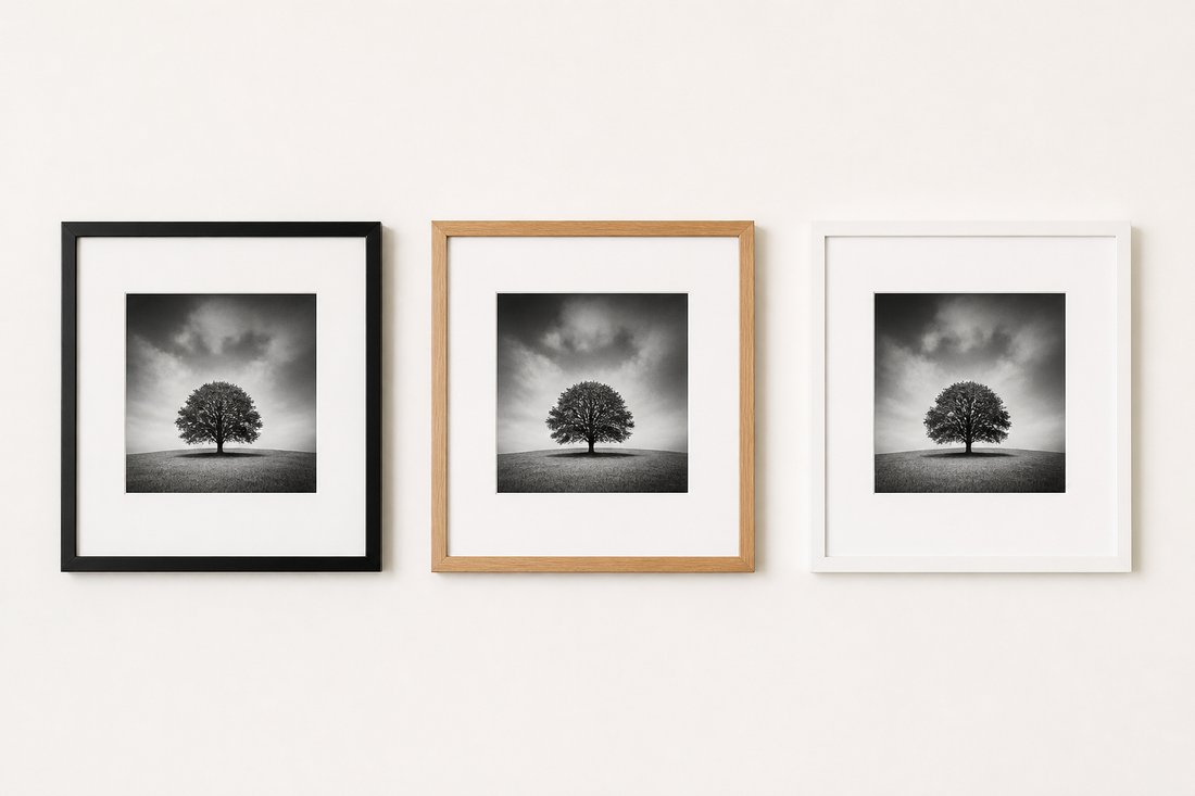 Black and white photographs shown in black white and wood frames