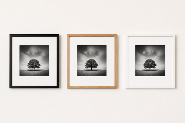 Black and white photographs shown in black white and wood frames