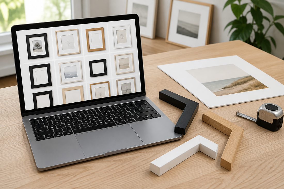 Laptop and physical black white and wood picture frame samples