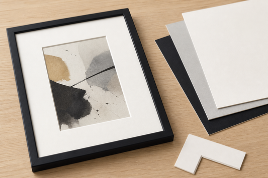 Conservation mat board samples and framing tools on a worktable