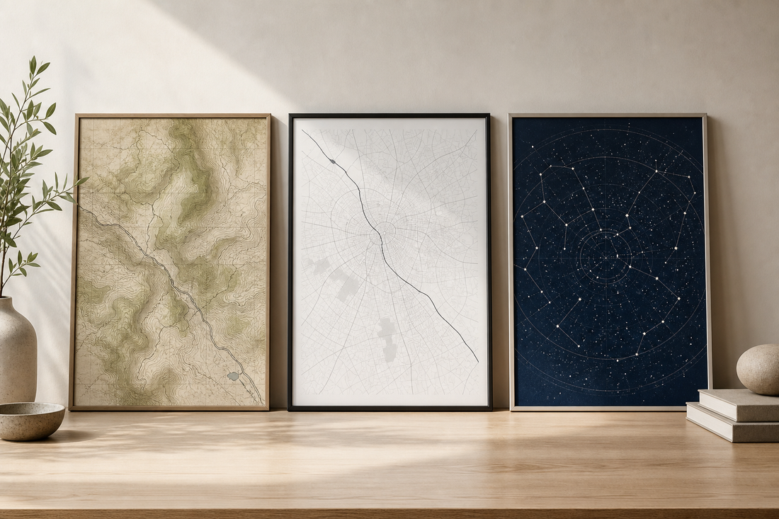 Vintage topographic street and star map prints compared