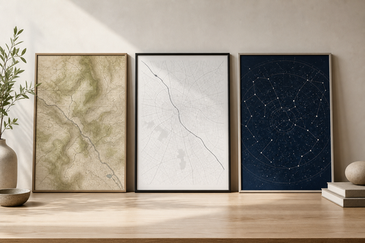 Vintage topographic street and star map prints compared