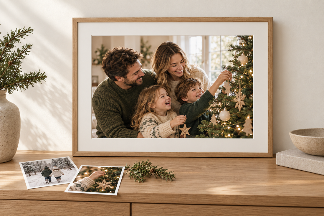 Framed family photo of parents and children decorating a Christmas tree, with loose photo prints nearby.