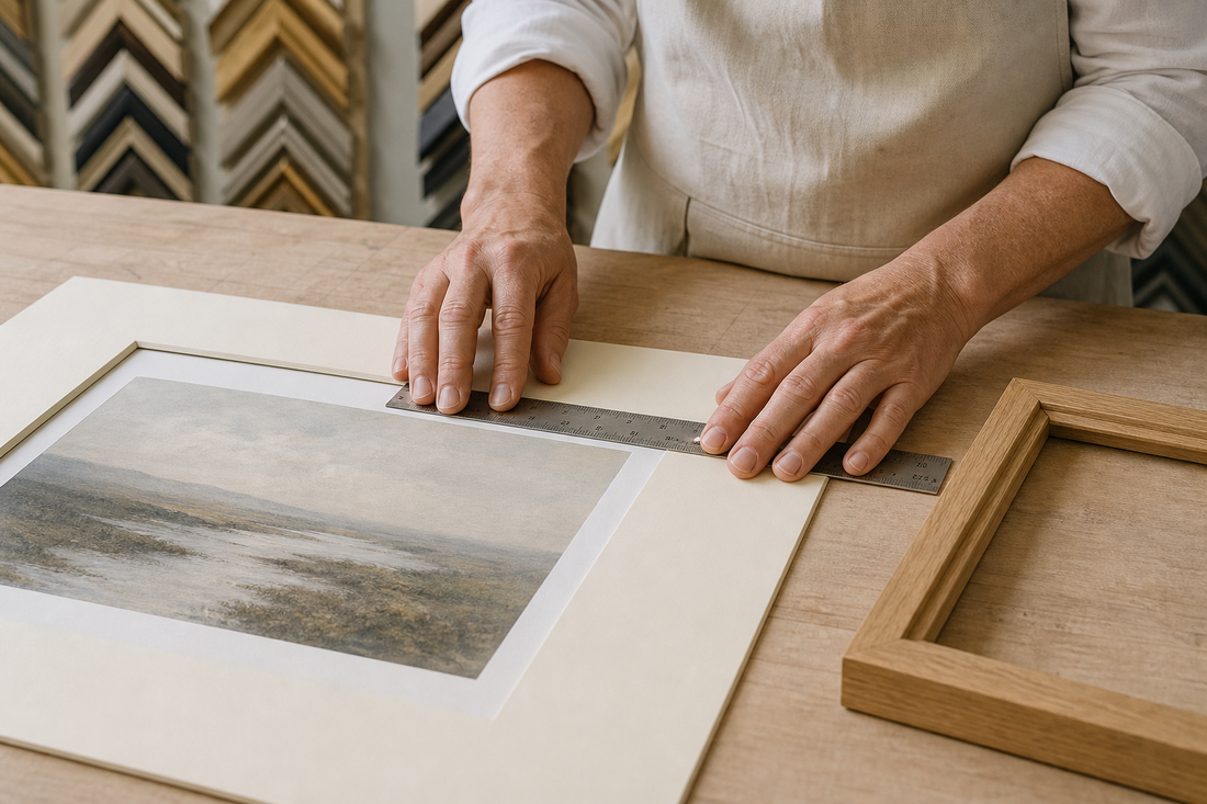 Picture framer measuring a conservation mat beside an oak frame