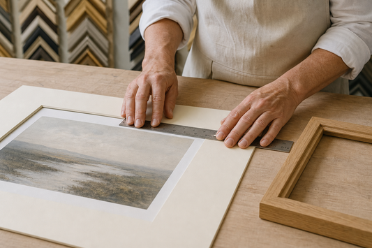 Picture framer measuring a conservation mat beside an oak frame
