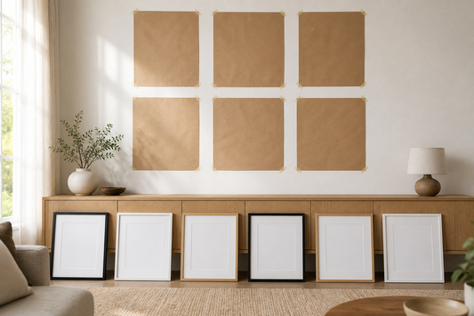 Measured paper templates beside a coordinated gallery wall